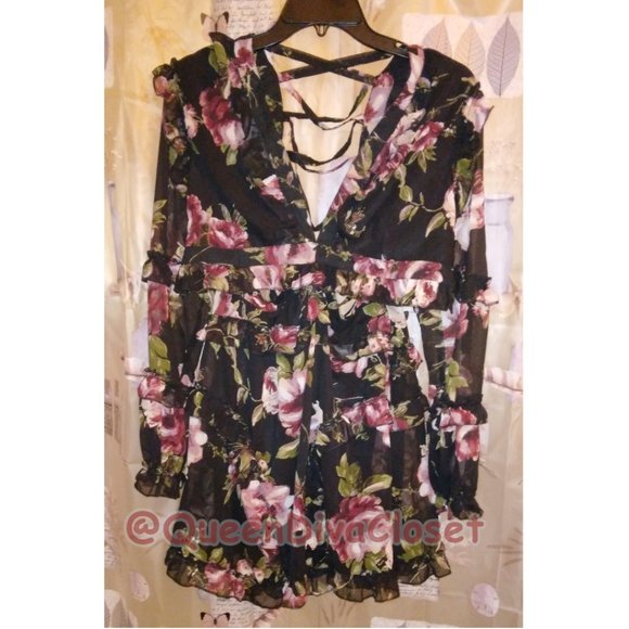 Flower You Anywhere Open Lace Up Back Side Cut Out Ruffle Floral Mini Dress L - Picture 4 of 9